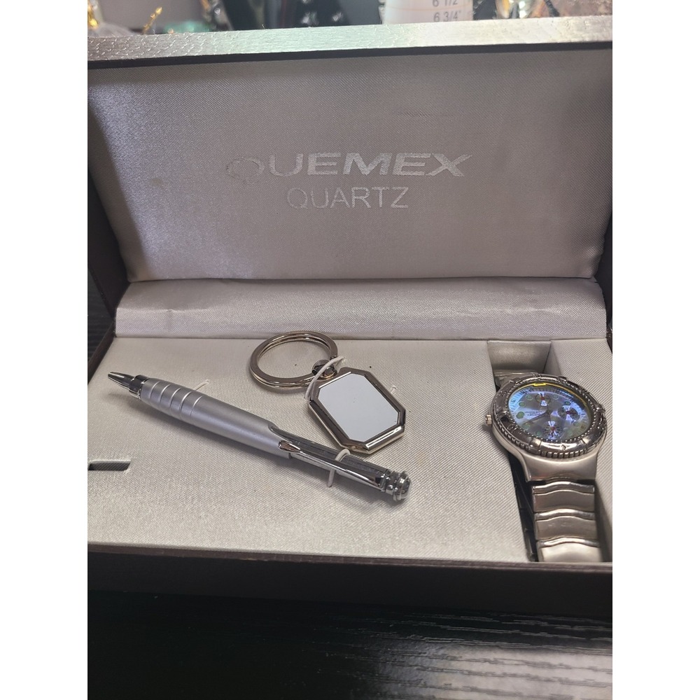 Quemex Quartz Stainless Steel Watch Gift Set Boxed w/ Pen Keychain – Not Running